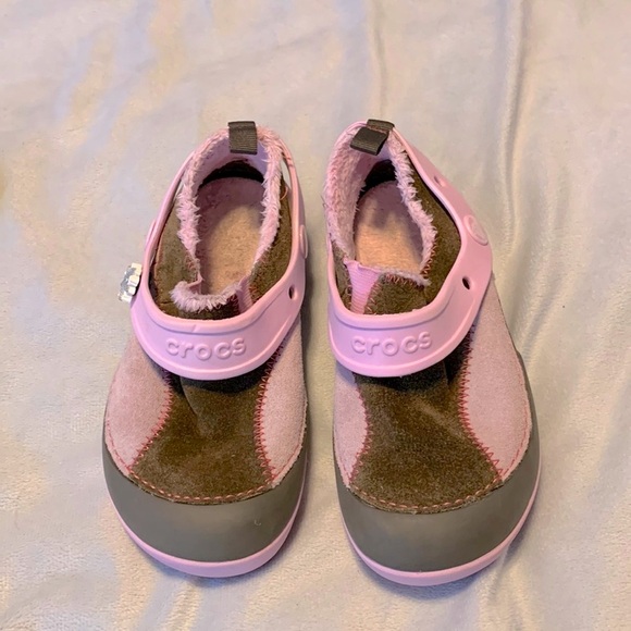 Crocs clog shoes lined light pink brown suede snowflake jibbet size c12 solid - Picture 1 of 7